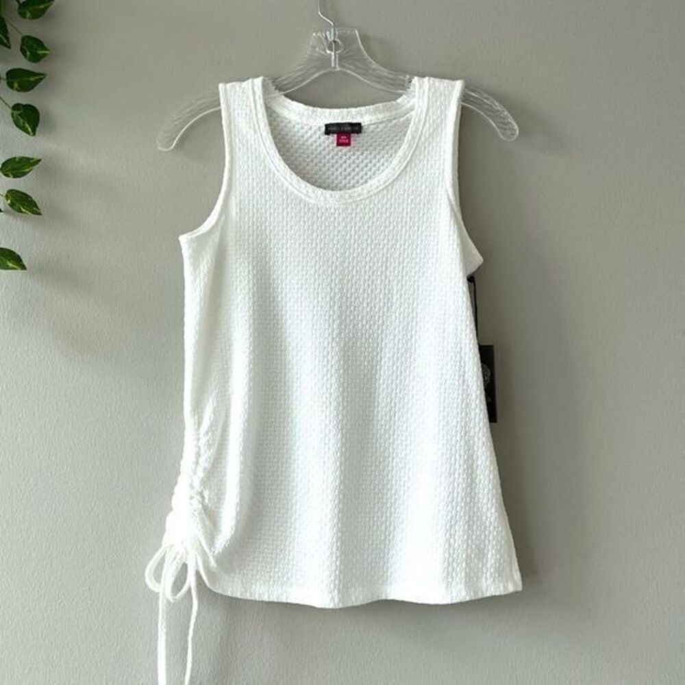 Vince Camuto white textured side ruched tanks
